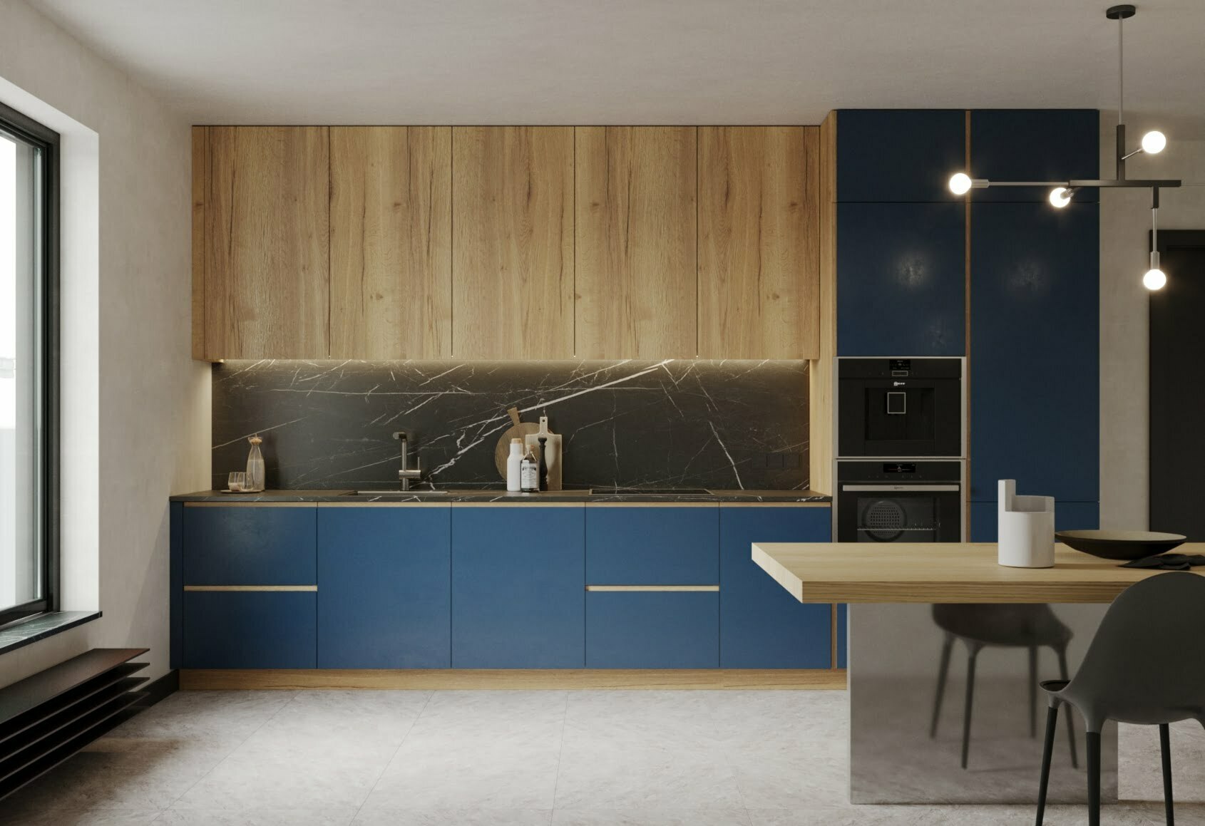 Navy base units with oak wall cabinets