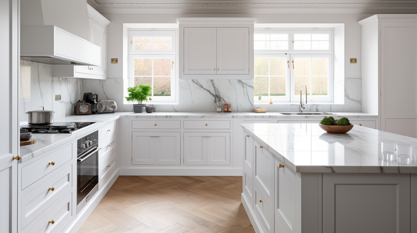 white fitted kitchen with marble worktop