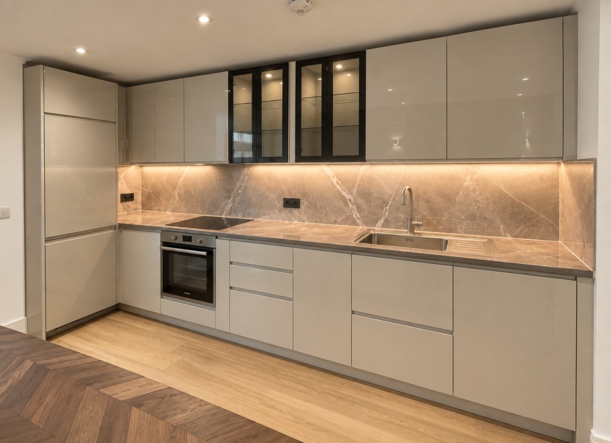 Handleless grey gloss Wren kitchen fitted in a London flat, with a marble-effect splashback and integrated oven