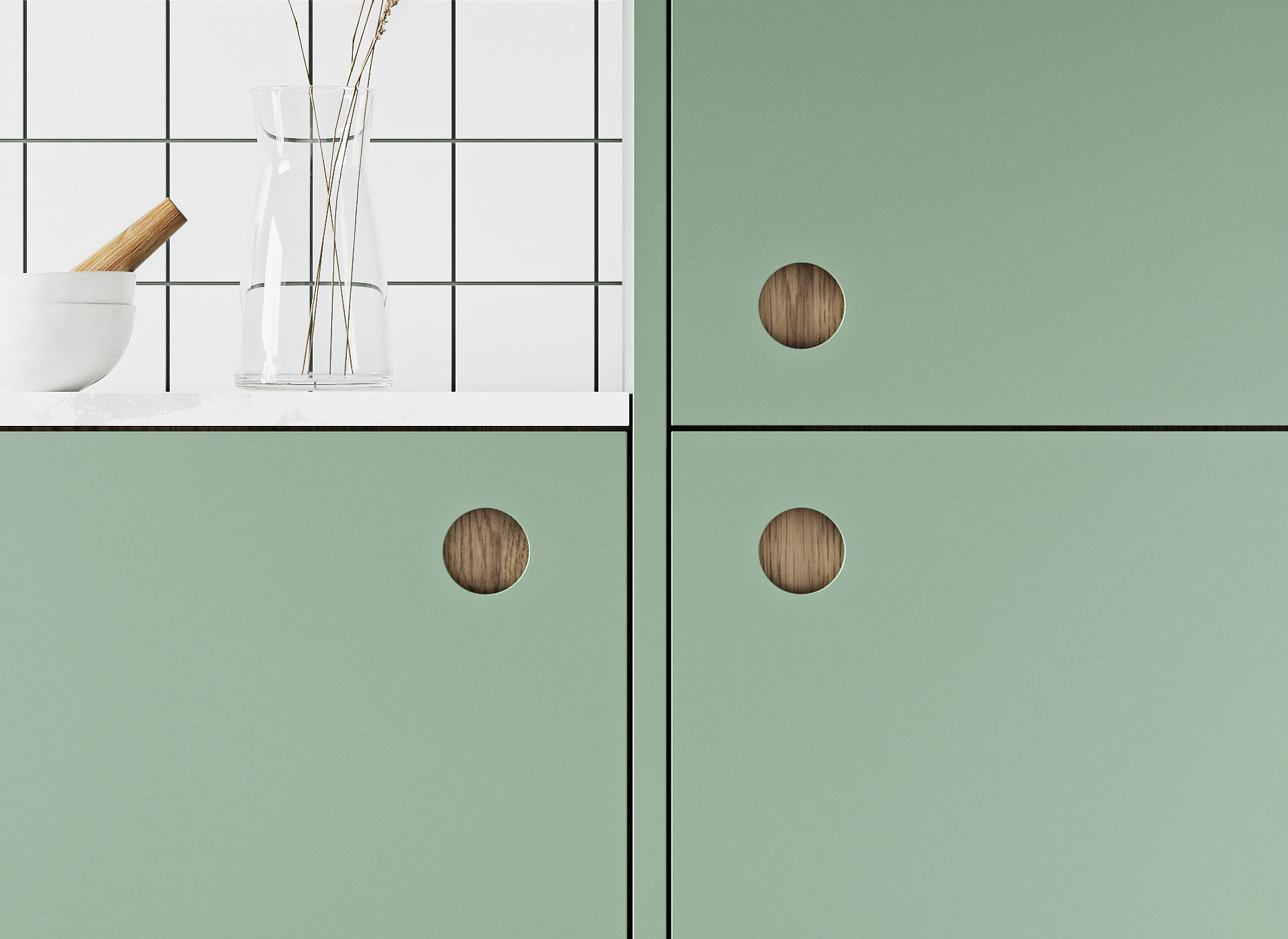 lacquered fronts with circle wooden handles fitted kitchens