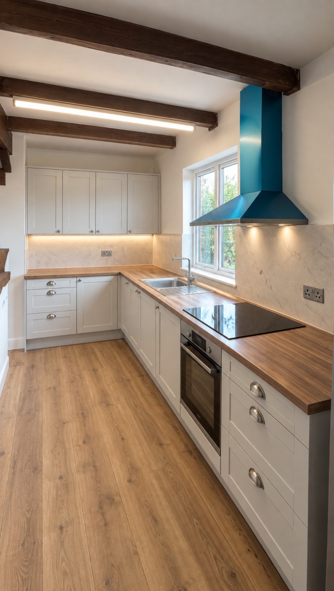 Wren shaker kitchen in a London cottage with exposed beams, oak worktops and a teal extractor hood