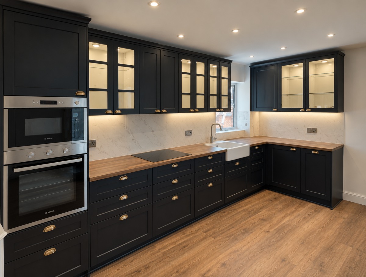 Black shaker Wren kitchen with brass cup handles, oak worktops and a Belfast sink, installed in London
