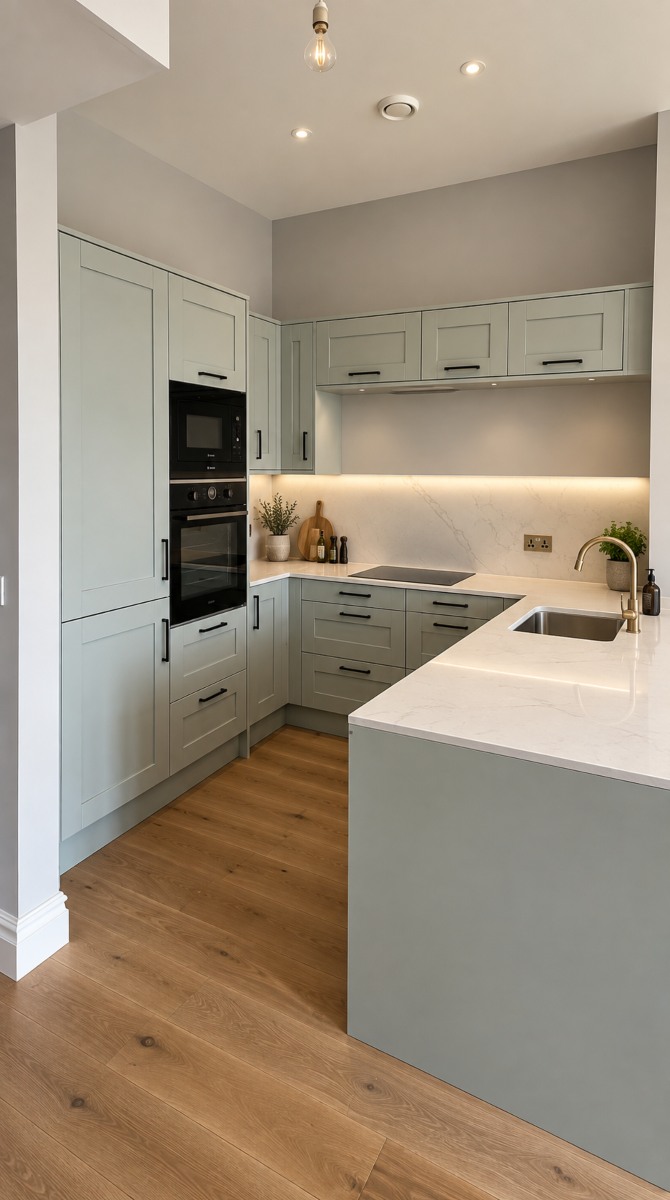 Sage green Wren shaker kitchen with a peninsula and quartz worktop installed in a London home